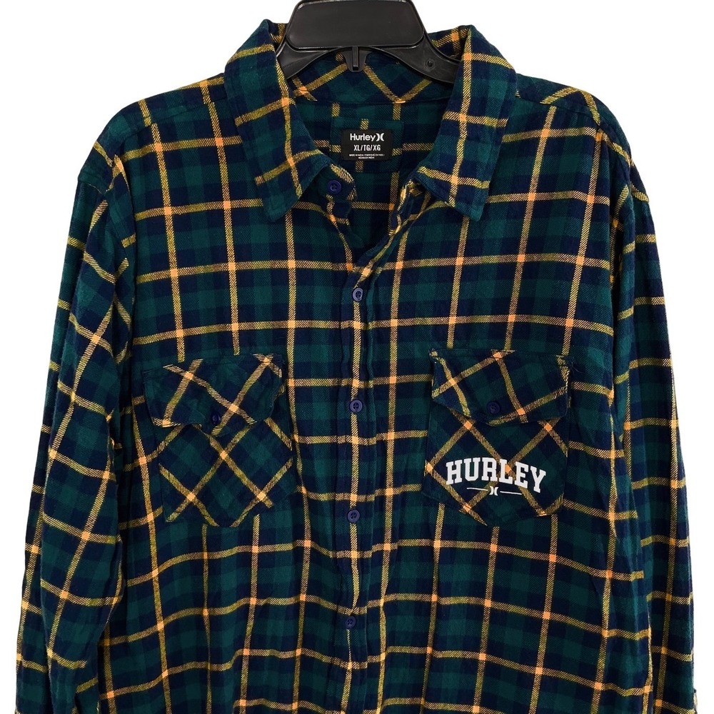 Hurley Men's XL Plaid Flannel Button Up Shirt LS Navy Green Yellow Logo Pocket